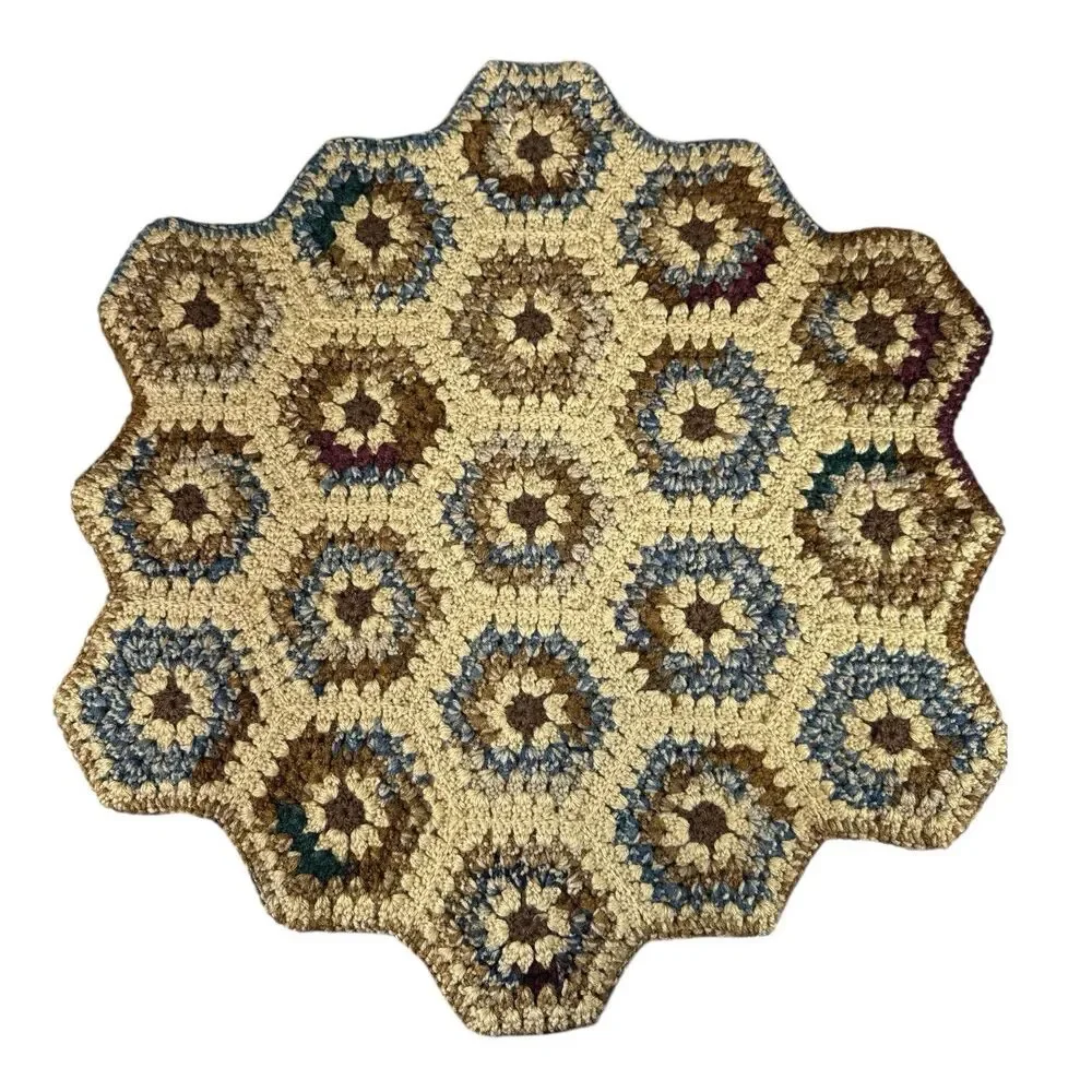 Granny Square Hexagon Neutral Tone Table Top Doiley Protector Cover Chair 25x23”